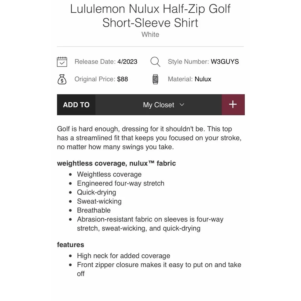 Lululemon Top Women's XS Nulux Quarter Zip Short Sleeve Golf Shirt #HH1-1